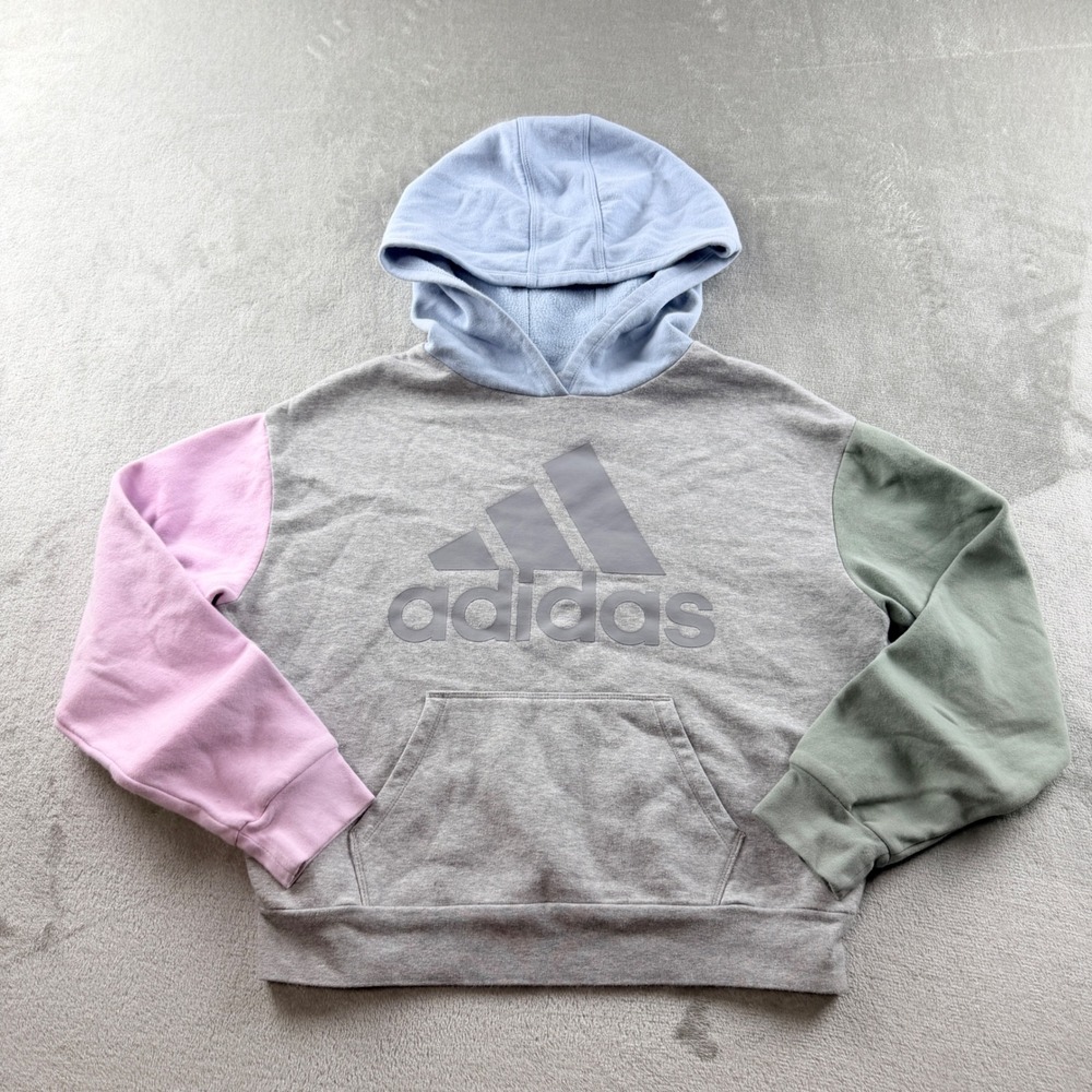 Adidas Kids Size L 14 Colorblock Logo Hoodie Gray Pink Green Blue